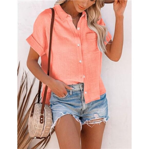 🌿 Women’s Linen Button Down Shirt – V-Neck Collared Tunic with Short Sleeves - Picture 2 of 5